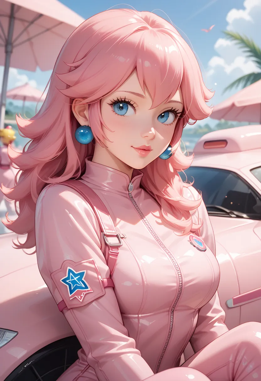 saoriu Sensual peach encostada em seus kart de corrida, pink pilot jumpsuit, Sensual
