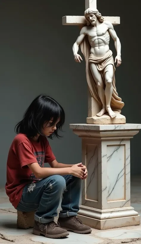 realistic image. (HD) (32K) vibrant colors. digital art. of a scene of: a  homeless boy, long black hair. old and torn blue pants, old and holey red and black t-shirt. old and torn shoes. sitting next to a marble pedestal that on top holds a Greek style ma...