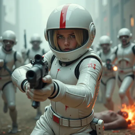  high resolution, masterpiece,  surrealism, a fully armed girl wearing a helmet is fighting with a laser gun against zombies attacking. The girl is short cut hair, exhausted look and wearing a shiny futuristic white battle suit with one very thick red vert...