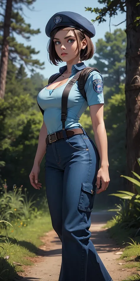 masterpiece, best quality, Jill Valentine, masterpiece, best quality, 1girl, solo, standing, full body, jillre1, beret, uniform, shoulder pads, short sleeves, harness, belt, 70s style super flared blue pants(Wide flares on pants:1.2), baggy-fit design on t...