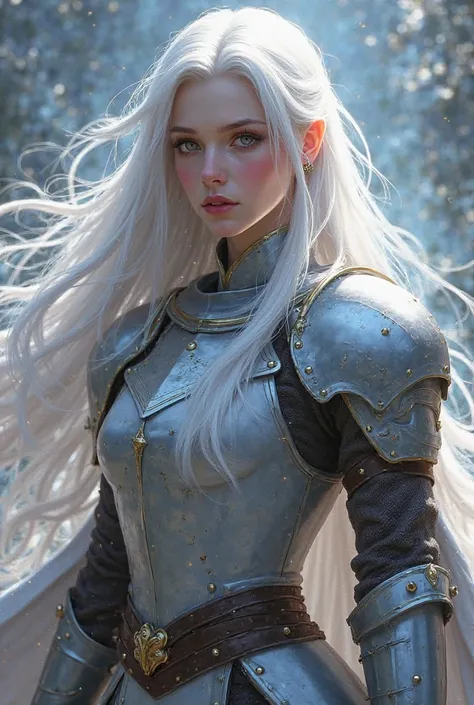 Create a fantasy-style character with long, flowing white hair, similar to a heroic knight with a youthful appearance. The character should have a strong yet gentle look, with a combination of elegance and power. Their armor should be sleek and sophisticat...