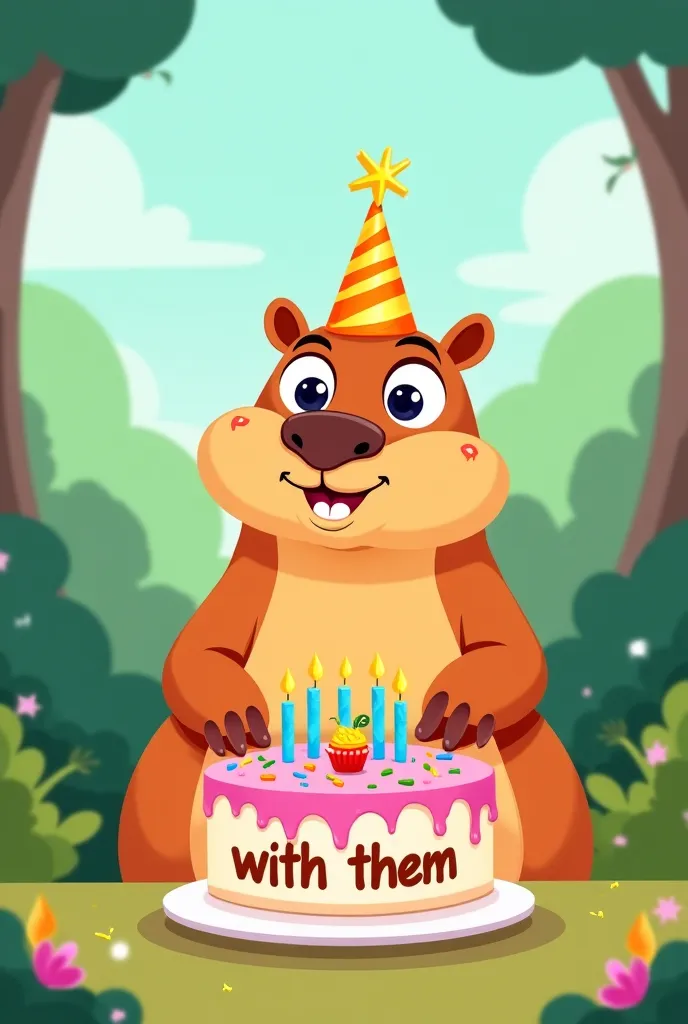 A cartoon of capybara with a 13th birthday cake and on the cake that says "With them"