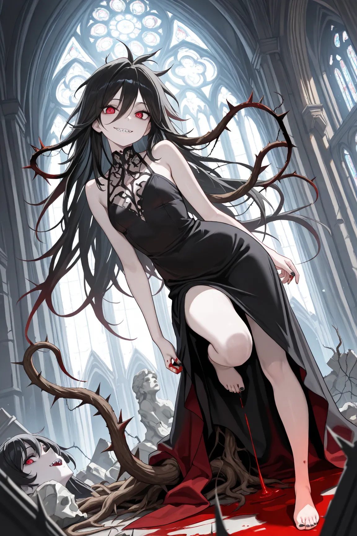 (masterpiece, Best Quality: 1.2), Ultra Detailed, HDR-10, (Soft Colors), (beautiful eyes, detailed eyes:1.2),1girl, pale skin, black hair, red eyes, long hair, Spiked hair, spiral Pupils, Roots, Black roots,Thorns, Sharp teeth,Smile, Black nails, Black dre...