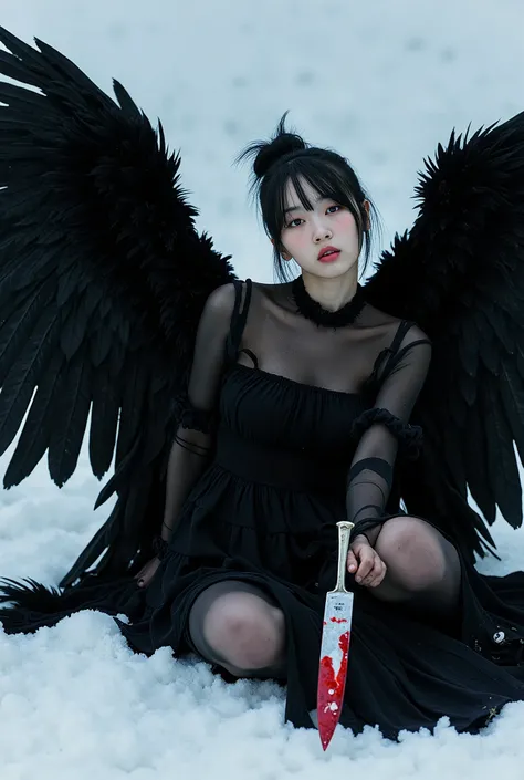 Korean gothic Female angel with Messy Bun hair,wear A shabby black dress in layers, with huge feathers on wings, wings to each other, sitting on snowy ground,hold a knife covered a Crimson liquid, can't take off. Photorealistic image, pixabay contest winne...