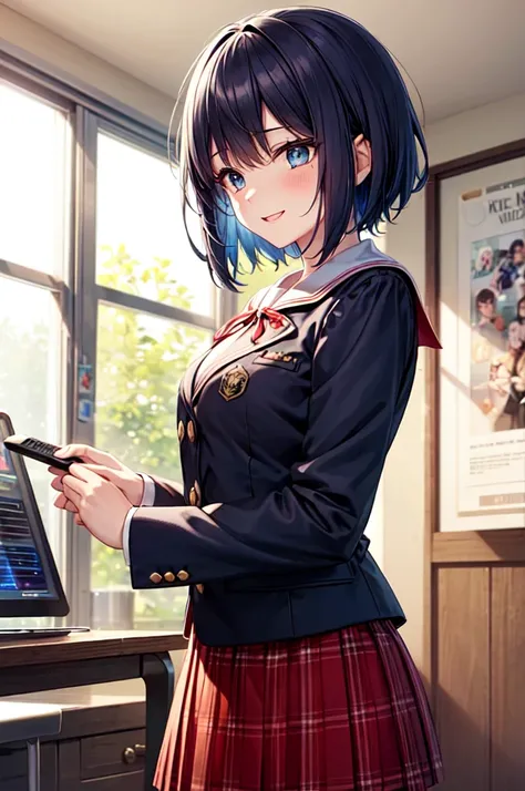 A high school girl with short blue bob hair and blue eyes is preparing her room for a karaoke livestream. She's wearing a sailor uniform with a navy blazer, a red skirt, and a red ribbon. She's smiling as she checks her microphone and adjusts her webcam, e...