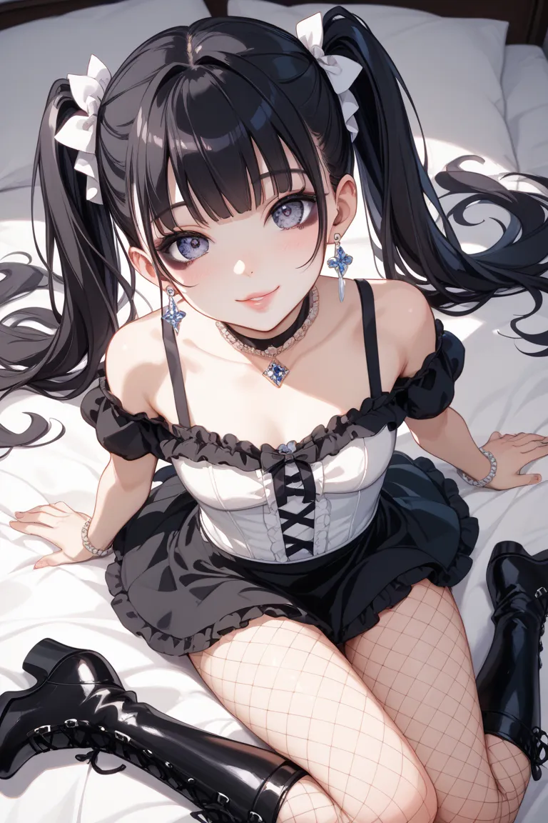 long black hair、twin tails from above、dark makeup with big eyes、Light pink lips、 white skin、three sizes of 86-60-88、D cup bust、black frill mini dress、 fishnet tights、 platform boots、Lots of Silver Earrings、Younger Landmine Girl、18 years old、Yandere with Ya...