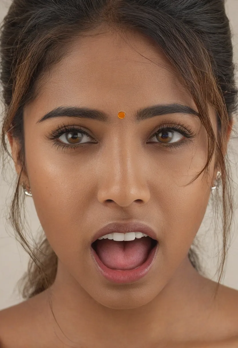 Ultra detailed photo of bengali woman, beautiful girl, highest quality realistic skin, eyes in focus, 30 years old, focus on mouth, open mouth, saliva, open mouth wide, inside of mouth visible, ponytail hair, mouth open wide, uvula visible, mouth open wide...