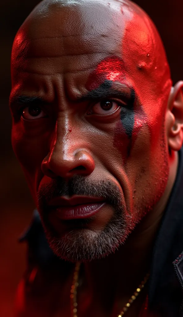  Here is a detailed prompt to generate an image  ** super realistic** do Dwayne "The Rock" Johnson as **kano**, focused **only on the face**, with shiny metallic details and an impactful background:  

---  
**"Close-up hiper-realista do rosto do Dwayne 'T...