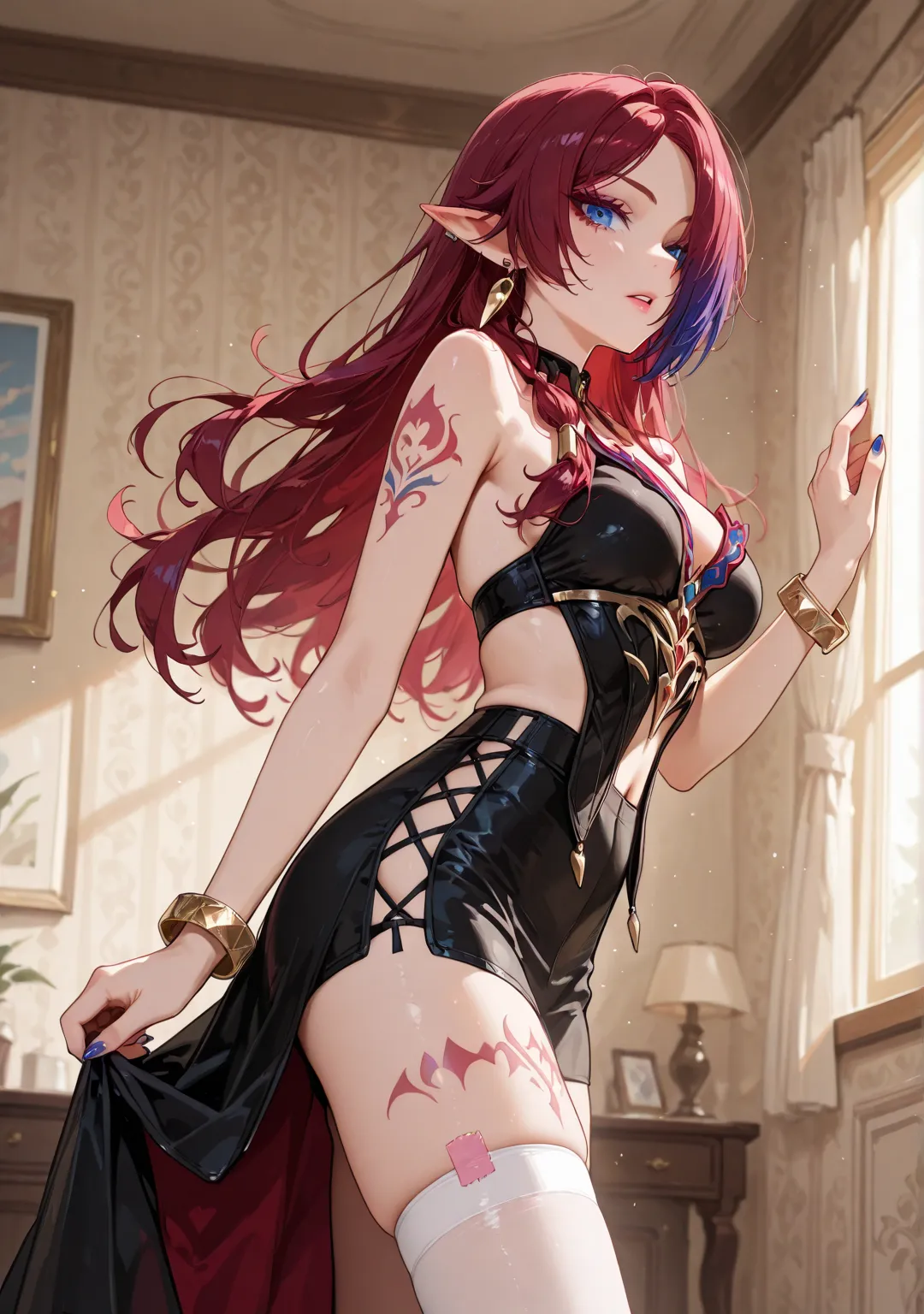  maid costume ,   1 girl, One, , (multicolored  hair, (red  hair:0.8, purple  hair:0.1)), blue eyes,   sharp ears,  hair over one eye, long  hair,  hair, shoulder birthmark,  medium breasts ,   voluptuous, thin waist,  art style looks at the viewer, tape, ...