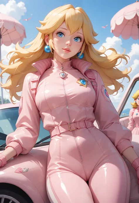 saoriu Sensual peach encostada em seus kart de corrida, pink pilot jumpsuit, Sensual
