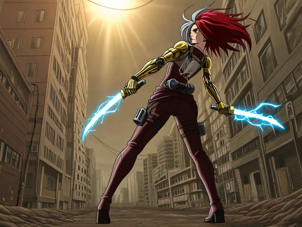 "Two women fighting on a tall platform overlooking a futuristic city.  character 1  (Calculate):  silver hair, wielding a blue energy dagger. character 2 (luxury): Red hair, cybernetic arm with gold electric cables. scenario: machines with giant screens sh...