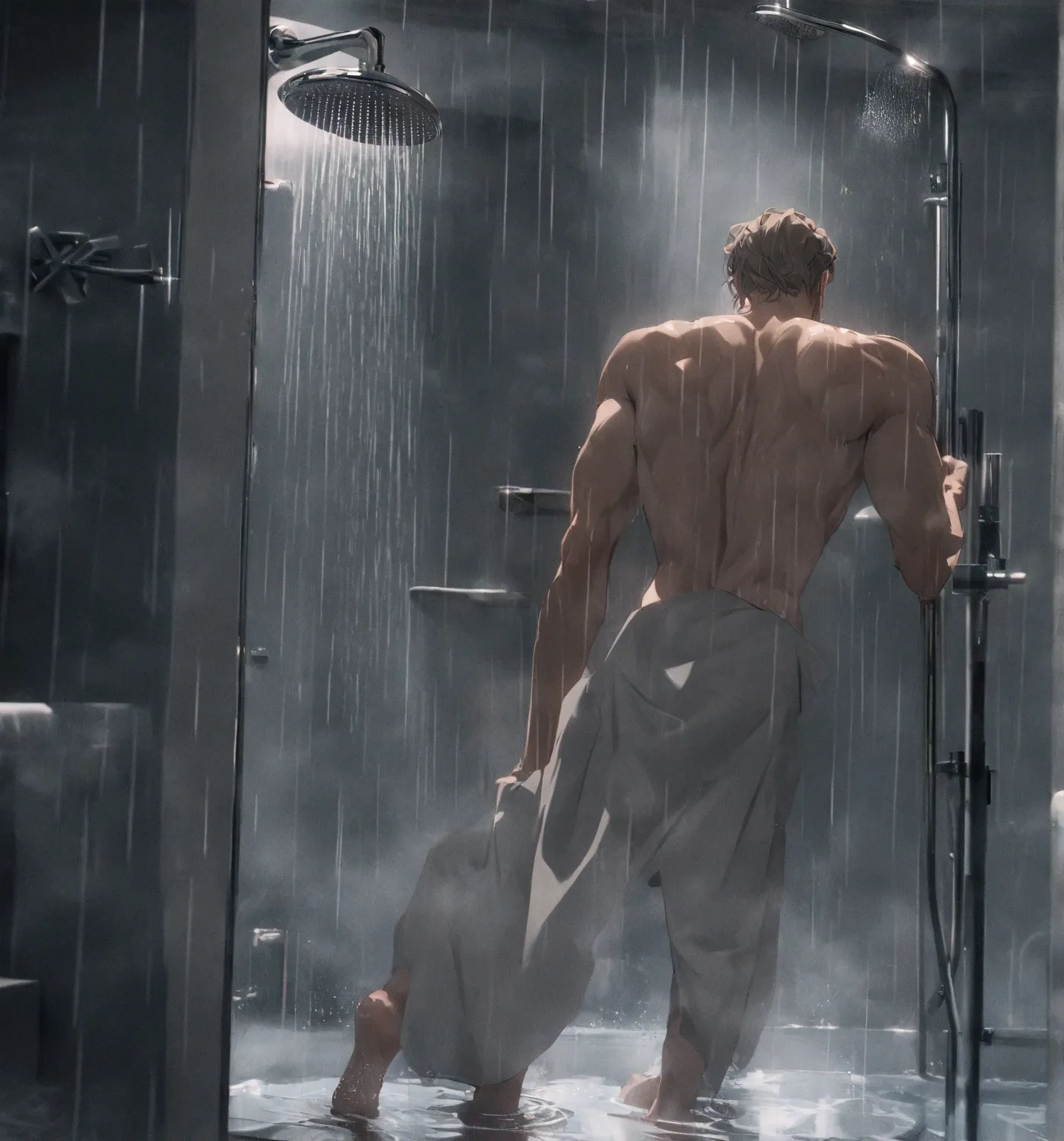 fullbody back view, mature man taking a shower in his appartement bathroom in in New York , wearing small rectangle glasses, light brown hair, no clothes. bright daylight grey sky, rainy aesthetic. The man must be handsome and elegant. The image must be in...