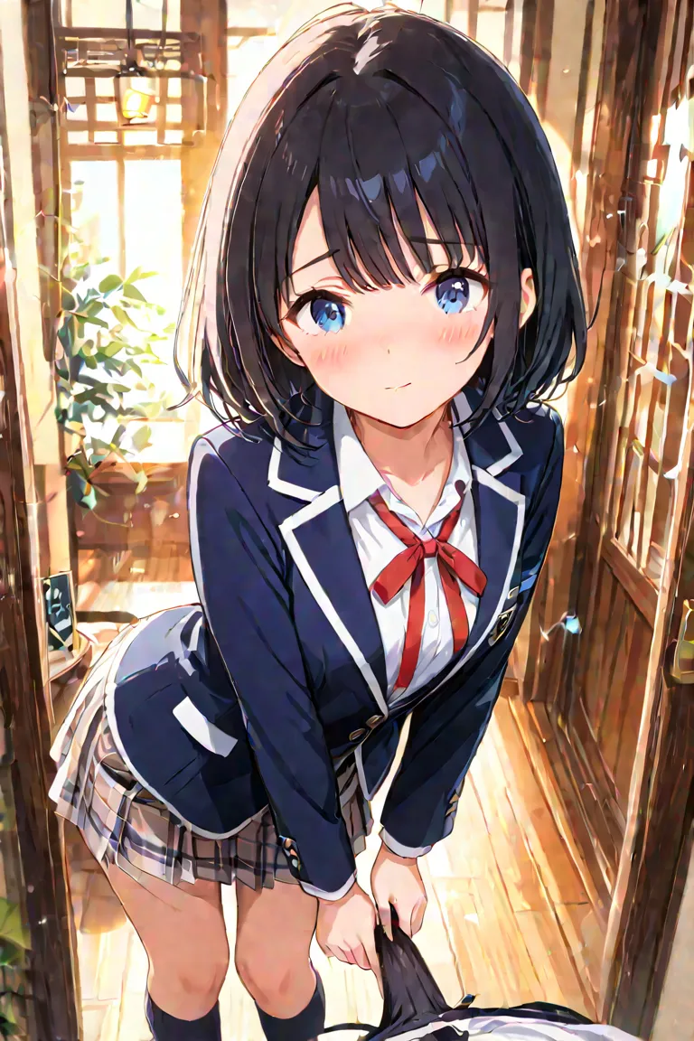 Navy blue blazer with white trim, red ribbon tie, checked skirt, black knee-high socks. Short black hair with bangs, bright blue eyes, a little shy but charming.