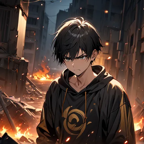 Masterpiece, alone, 18 year old boy,  black hair ,  Asian style haircut, multicolor gold and black sweatshirt, strong,  a little muscular, angry, mouth shut,  in the background of a destroyed building,  at night, fire particles,  Detailed, High quality