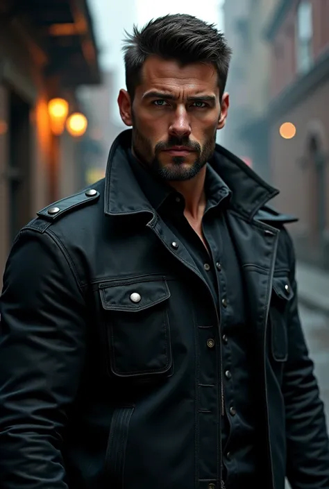 Strong short haired male character with black jacket beard