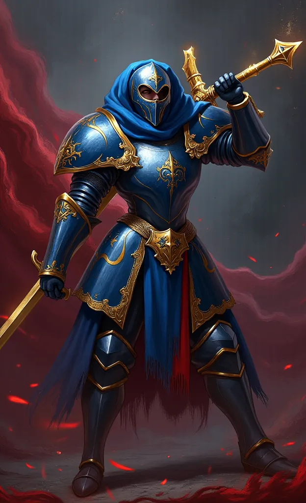  Beautiful war with a serious look, Who wears blue knight's armor,  Red and Black, who carries a golden sword in his hands in a position Hold the sword in his hands Royal Defender Crusader. 