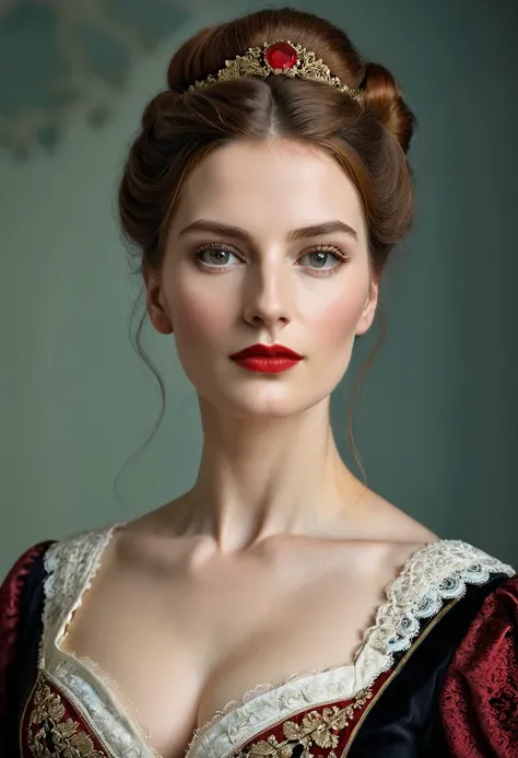 19th century Victorian Hungarian woman, chestnut hair, red lips, beautiful features,", great beauty, ornate and refined, dynamic,