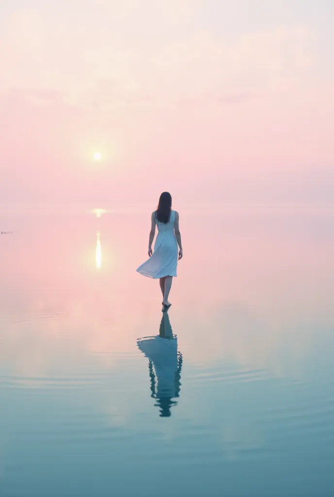 A person walking on calm, crystal clear waters, with the feet slightly touching the surface. The sky in the background must be pink, symbolizing peace and divine blessings."