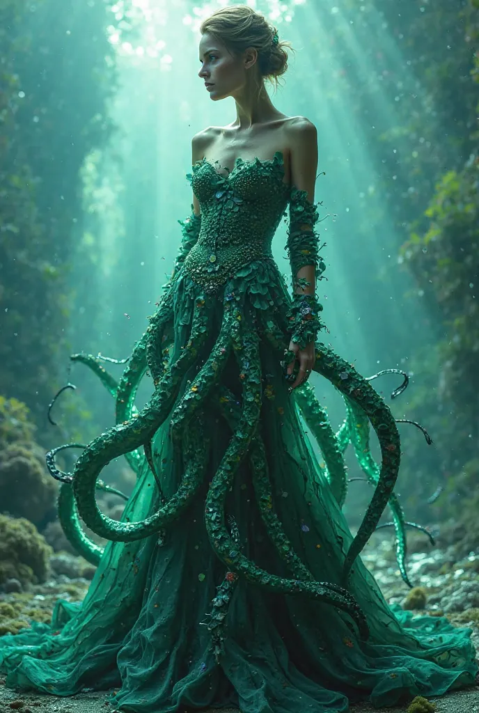 Create a fantasy kraken style dress in green, beautiful with every detail 