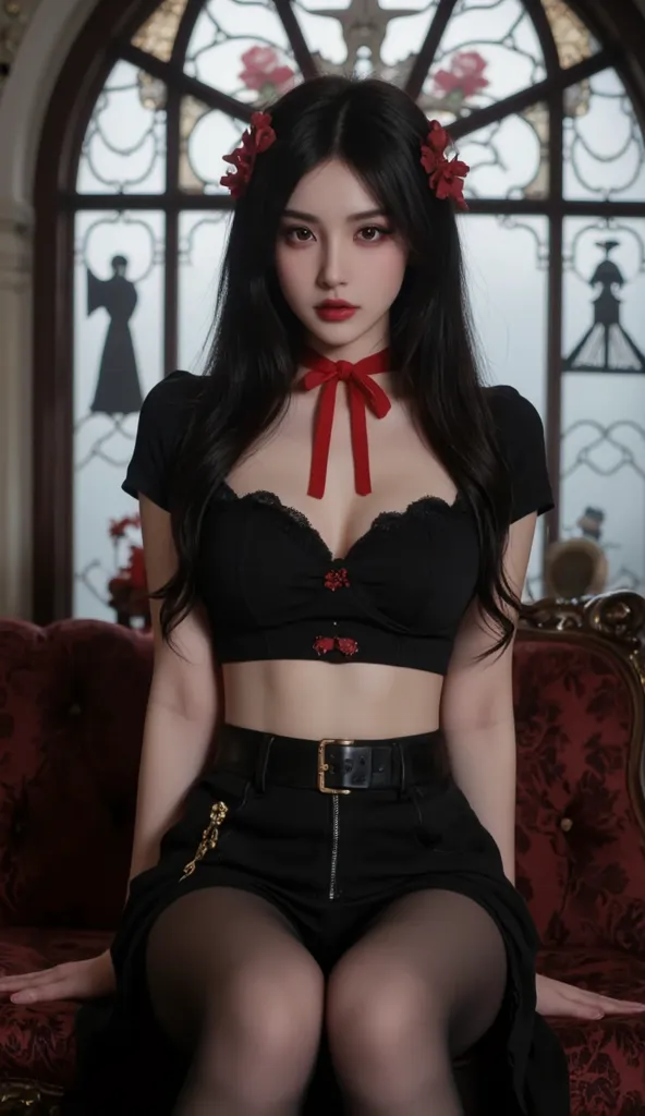 1girl,victorian costume,dark cult church background,chinese vampire girl with pale skin, tight skin, black hair, and an hourglass figure. She's wearing a SUPER SHORT Victorian crop top tee and SUPER SHORT pants, with a red ribbon and high net full legs sto...