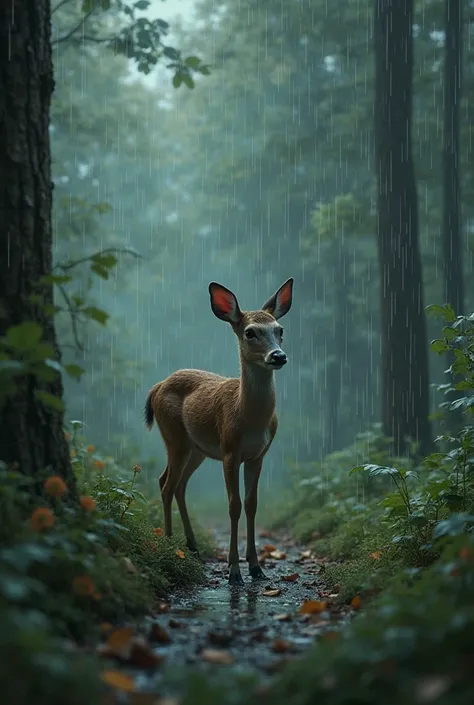 Heavy rain pouring down in the forest, a baby deer shivering with cold, raindrops splashing on leaves and puddles forming on the ground."