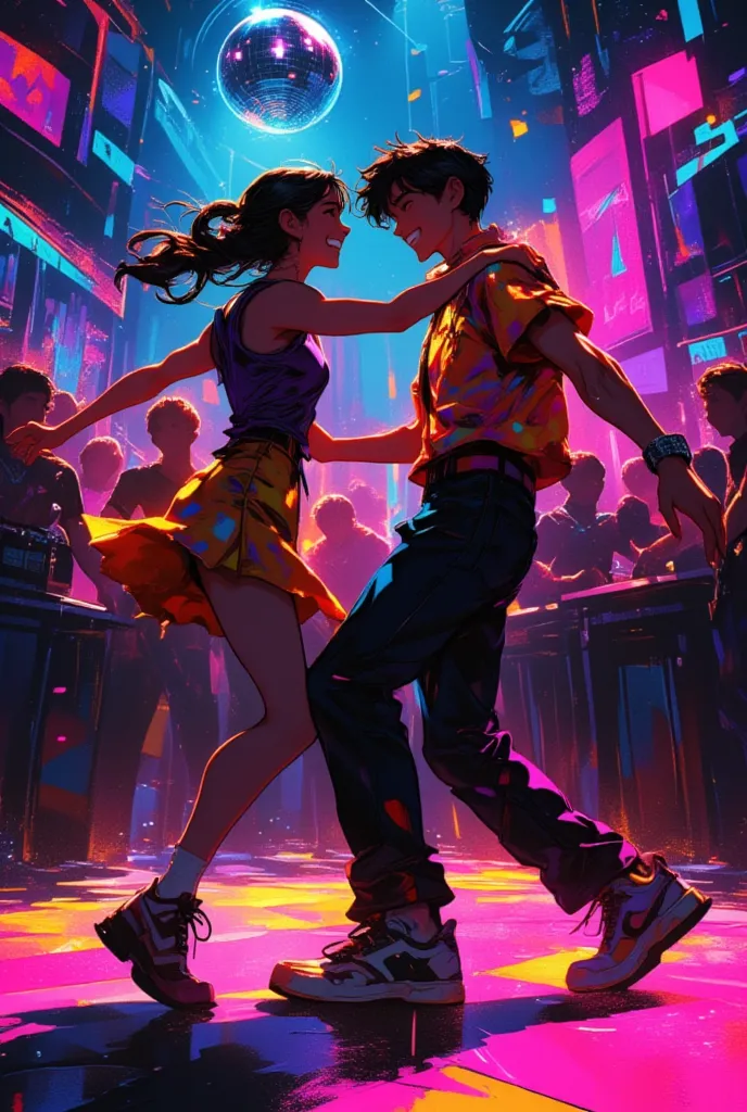 (masterpiece, best quality:1.1),general,Looks like an 80's record jacket,pop style,girl and boy dancing,mirrorball,joy,Nightclub background, bright lighting. dynamic angle,