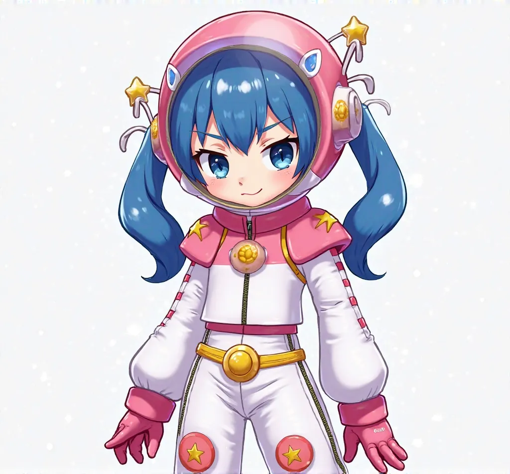 A blue-haired girl with a helmet similar to that of an astronaut with deep pink outer edges and 2 lighter sections, a waning moon made of blue glass with a moon rock texture. Below this moon, the white border, on the back corners of the helmet, there is a ...