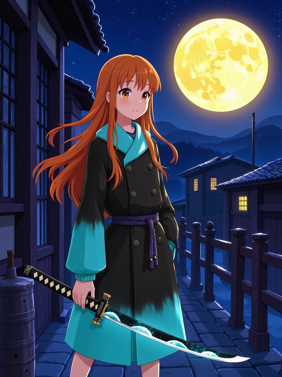 New Gongbi, Cartoon illustration, Picture Books, Hayao Miyazaki, Nostalgia, An anime-style portrayal of a girl in the dark night. She has long, bronze-colored hair and is outfitted in a lengthy coat, alternating between black and luminous cyan hues. Illumi...