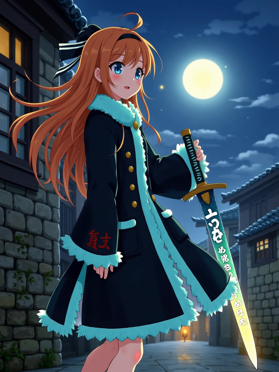 New Gongbi, Cartoon illustration, Picture Books, Hayao Miyazaki, Nostalgia, An anime-style portrayal of a girl in the dark night. She has long, bronze-colored hair and is outfitted in a lengthy coat, alternating between black and luminous cyan hues. Illumi...