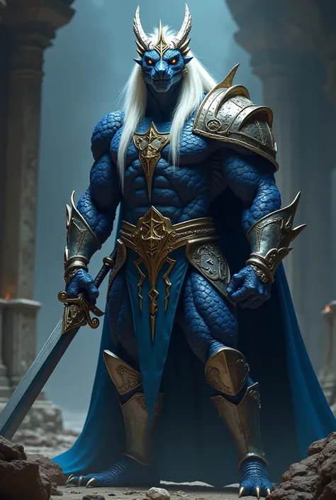 A deep dark blue dragonborn from Dungeons and Dragons, full silver armor, long white hair, orange eyes, he is holding a long sword in one hand, and has a golden cronw on his head,  and no wings