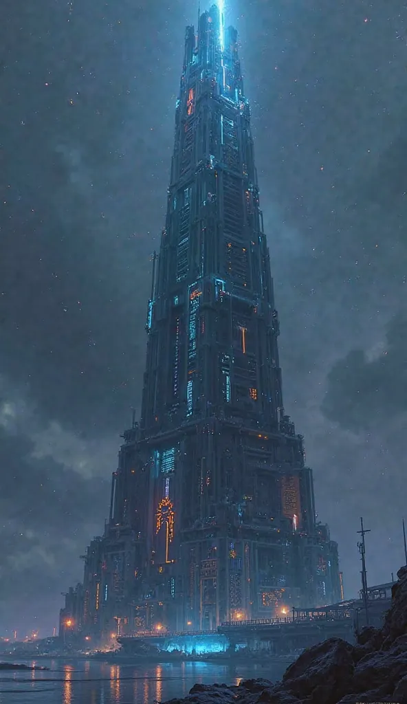 A tall arcane tower, cyberpunk style, side view, no background