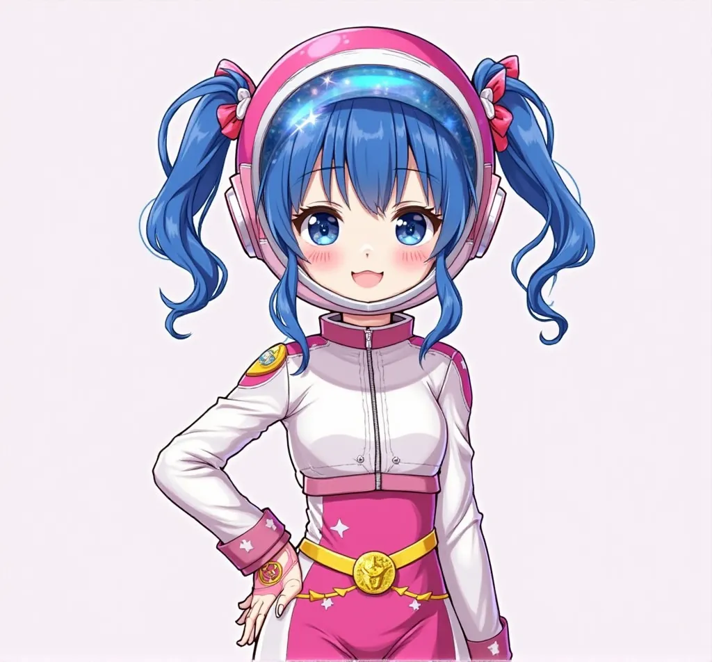 A blue-haired girl with a helmet similar to that of an astronaut with deep pink outer edges and 2 lighter sections, a waning moon made of blue glass with a moon rock texture. Below this moon, the white border, on the back corners of the helmet, there is a ...