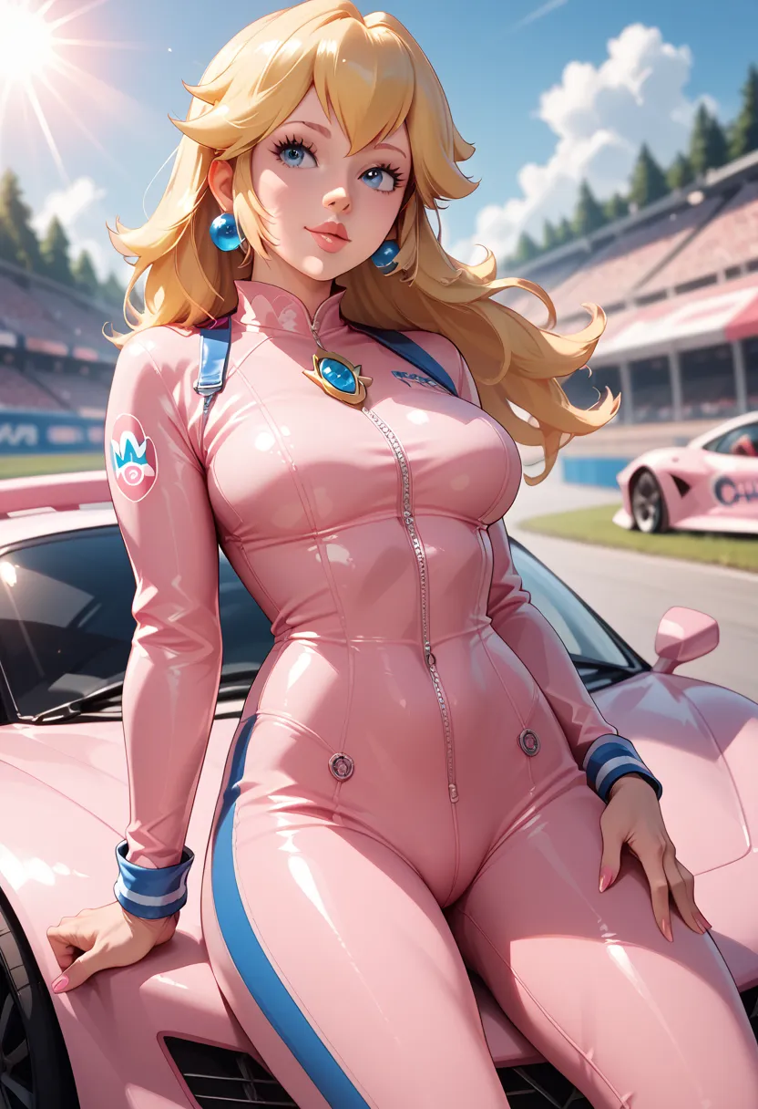 Peach leaning against her racing kart, pink pilot jumpsuit, Sensual, sun rays,  tight clothing 
