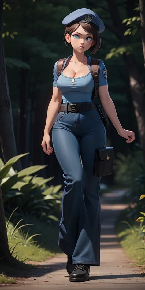 masterpiece, best quality, Jill Valentine, masterpiece, best quality, 1girl, solo, standing, full body, jillre1, beret, uniform, shoulder pads, short sleeves, harness, belt, 70s style super flared blue pants(Wide flares on pants:1.2), the pants should be w...