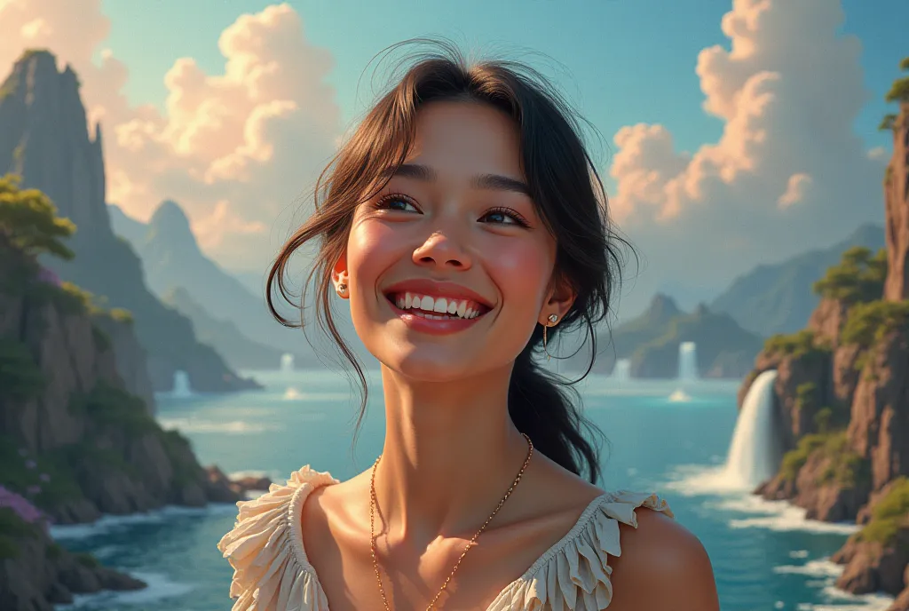 Realistic Portrait of happy  woman in  surreal landscape 