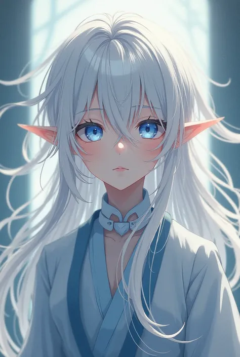  An anime boy, white hair, long hair, with bangs, beautiful, bright blue eyes,  White Eyelashes , elfo, design,  Japanese anime .