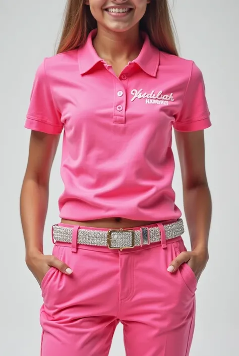 A short polo shirt that says "Judith " pink shorts with long pink pants with a pink strap with diamonds 