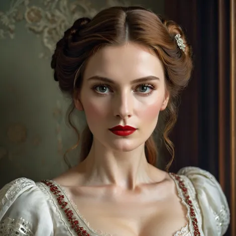 19th century Victorian Hungarian woman, chestnut hair, red lips, beautiful features,", great beauty, ornate and refined, dynamic,