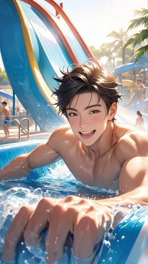 ((photorealism:1.2),    very Handsome japanese man, Japanese only, 22-27 year-old, water park， playing Pool Water Slide， happy, half body with abs muscles 