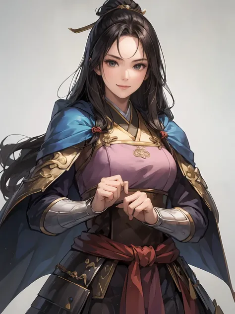   beautiful dark-haired woman holding a bell ：1.3,  artwork inspired by Grovitz , Hanfu,((   pure white background  )), ( top quality),   handsome，  a female knight with tremendous muscular physique {x} and a beautiful female knight with blue odango hair ,...