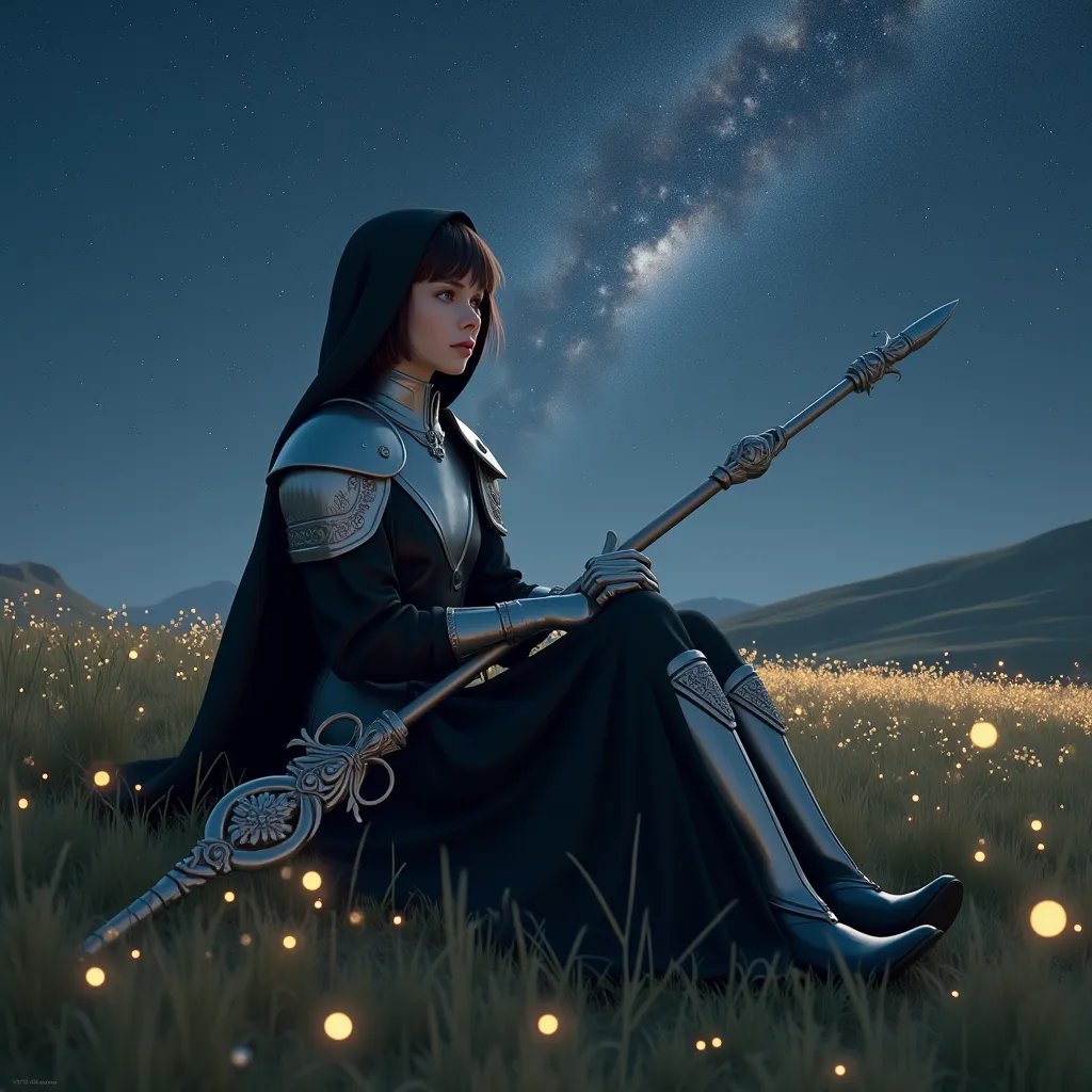 A young woman with short, dark brown hair and deep red eyes, sits calmly on a grassy hill in the middle of a vast, moonlit meadow. Her attire is a unique fusion of a nun’s traditional garb and battle armor: a flowing black habit, slightly torn from past ba...