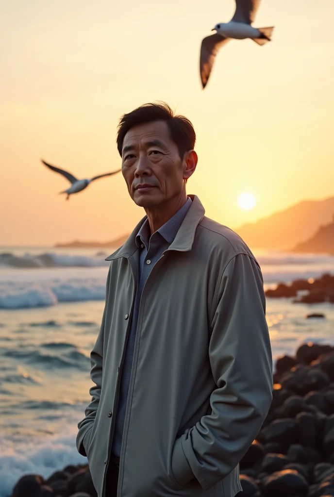 A 60-year-old Korean man, half-human with slightly glowing eyes, standing by the rocky coast during sunset. He wears a light jacket, with his hands in his pockets, gazing at the audience with a calm but intense expression. His face has a mix of human and s...