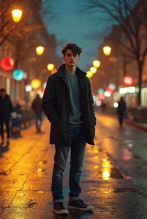 In an immersive cinematic atmosphere, a young man appears standing in the middle of a street illuminated by the glowing lights of the city. wearing an elegant dark jacket over a simple sweater, jeans and casual shoes, giving him a modern and comfortable lo...