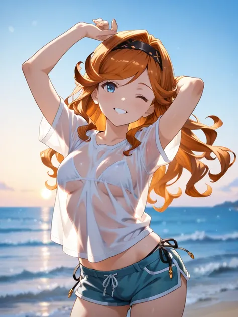 an anime style female character, solo, 
sara, granblue fantasy, smile, open mouth, 
grin, one eye closed, 
arms up,

light smile,
looking at viewer, 
topless,
see-through clothes, 
see-through shirt, 
shirt, 
short sleeves, 
shorts, 
side-tie bikini bottom...