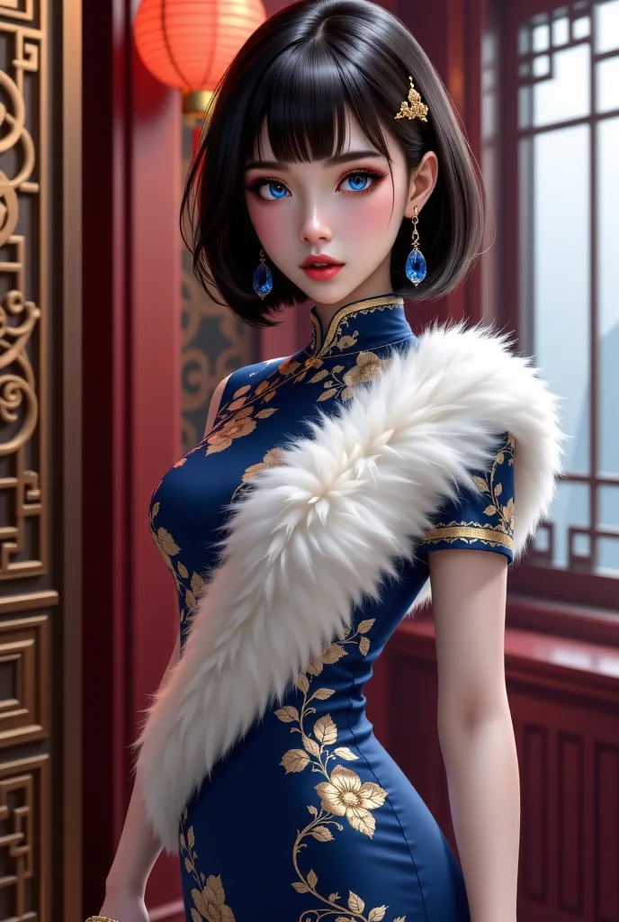 This is a highly detailed digital artwork in a realistic anime style, featuring a young woman with an ethereal, almost otherworldly appearance. She has striking, piercing blue eyes, fair skin, and a short, sleek bob haircut with blunt bangs. Her attire is ...