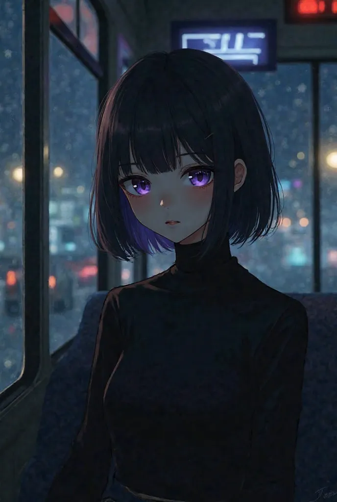 Create a young girl in black clothes short hair and black purple eyes, Who is on a night trip bus