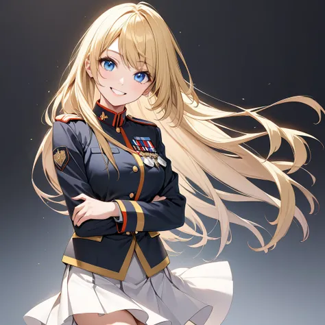 High resolution, high quality, HD, beautiful female, 1 female, beautiful, ager, cheerful, smiling, medium breasts, long straight hair, blonde hair, blue eyes, gold military uniform, white skirt, shor skirt, black boots, cross arms