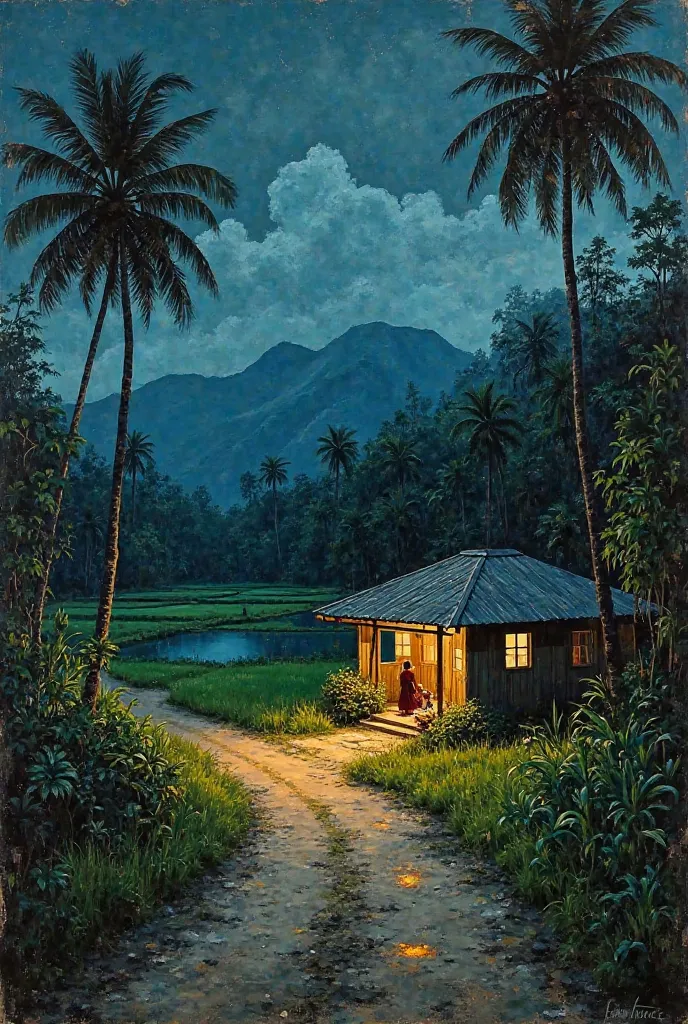 Oil painting in the style of Basuki Abdullah, depicting a dimly lit 1960s rural landscape at a dirt road junction. An open house without rooms stands in the scene, where two people are engaged in conversation. The surroundings include lush rice fields, a t...