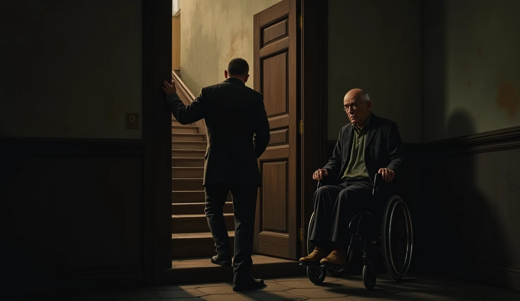 "Ali pushes open the heavy wooden door. The air inside is damp and cold. A grand staircase leads to the second floor, where an old man in a wheelchair silently watches him from the shadows. The man’s pale, wrinkled face remains expressionless."