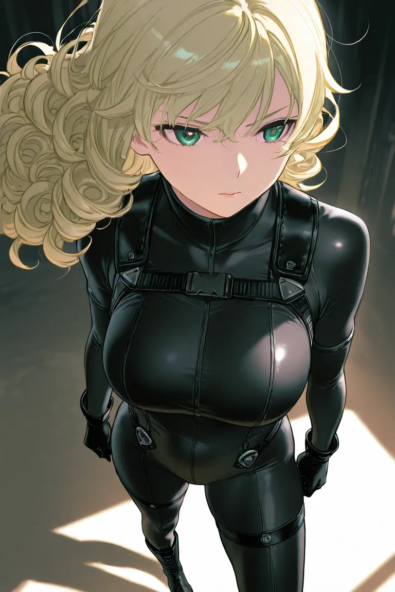  young girl , long blonde curly hair, light green eyes, Full and black clothing, secret agent, spy, corps inteiro, Fighting.